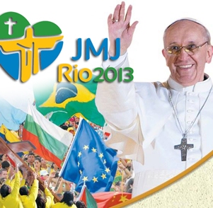 Papa francesco con immagini e logo della GMG